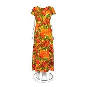 Vtg 60s 70s Made in Hawaii Hawaiian Maxi Dress size 12 Acrylic Orange Floral 501